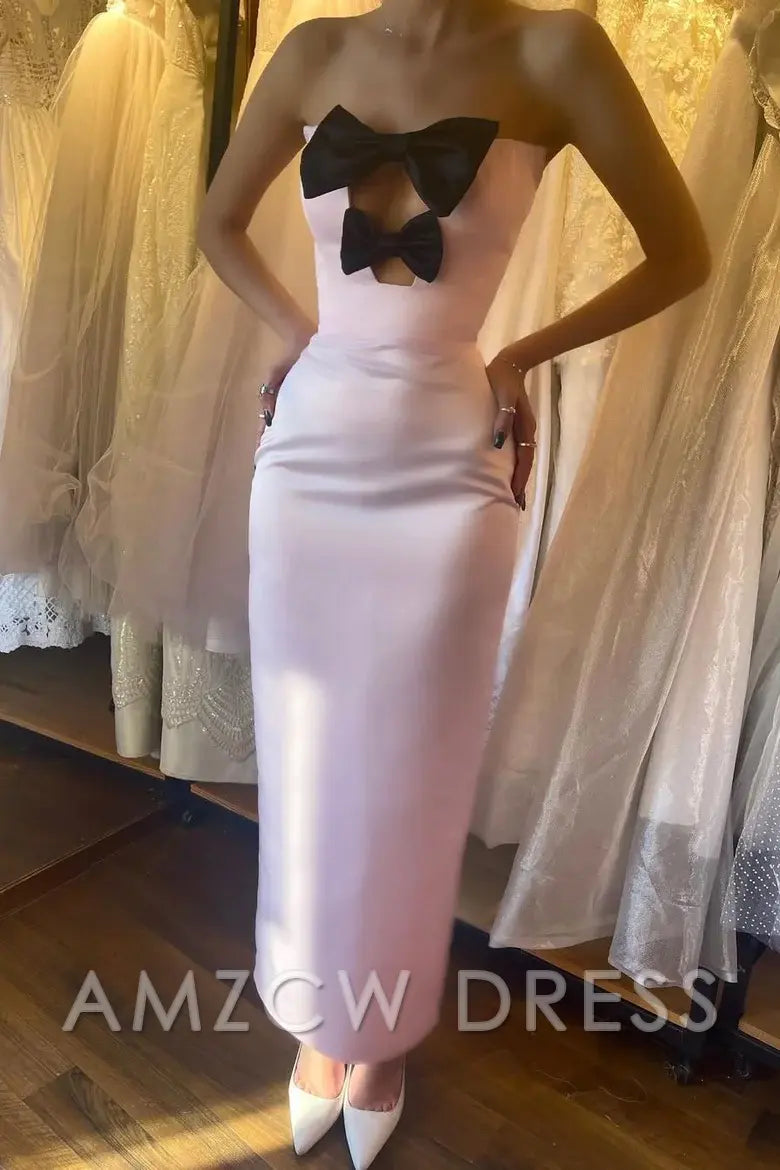 Vestido largo formal de fiesta Amzcw de satén plisado con lazos y sin tirantes en color rosa