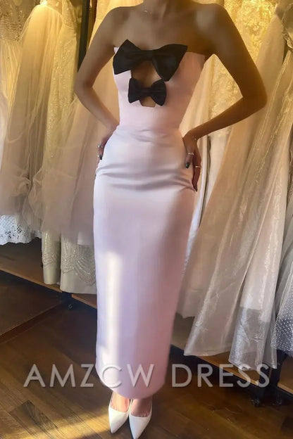 Vestido largo formal de fiesta Amzcw de satén plisado con lazos y sin tirantes en color rosa