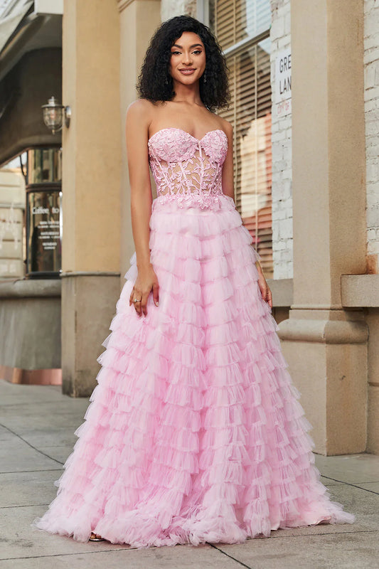 Pink Strapless Lace Applique Corset Back Tiered Ruffle Prom Dress