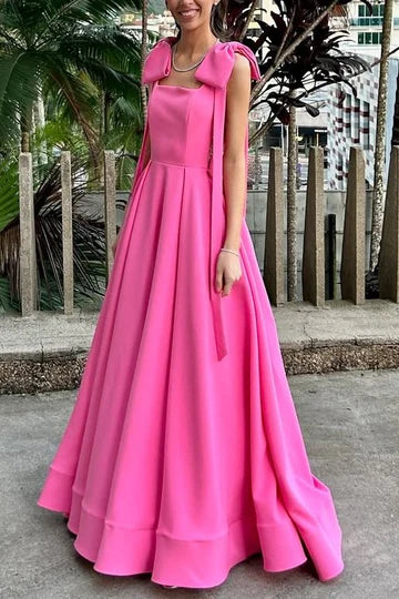 Vestido de fiesta largo Amzcw de satén con tirantes rosas, corte A, plisado, sin mangas y lazos