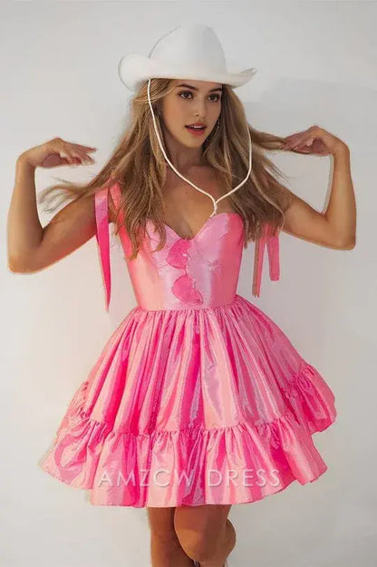 Amzcw Elegant Pink Sweetheart Bow Strap A-Line Homecoming Dress formal wear dresses