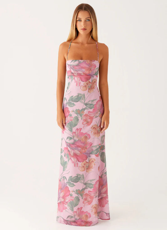 Pink Tropical Floral Print Spaghetti Strap Lace-Up Back Maxi Prom Dress