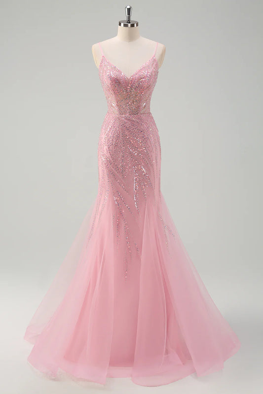 Pink Tulle Spaghetti Strap Sequin Lace-Up Back Mermaid Prom Dress