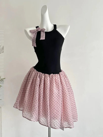 Playful A Line Halter Neck Keyhole Back Polka Dot Tulle Short Homecoming Dress with Bow Accent for Formal Events