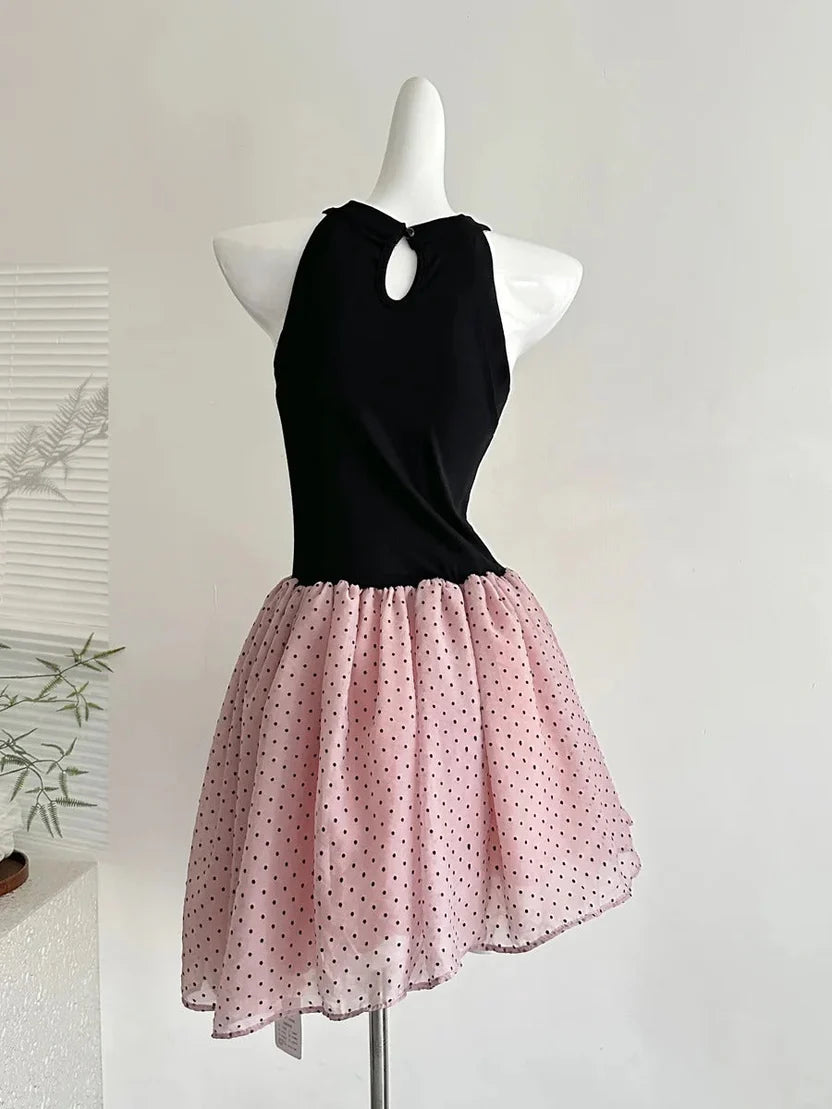 Playful A Line Halter Neck Keyhole Back Polka Dot Tulle Short Homecoming Dress with Bow Accent for Formal Events