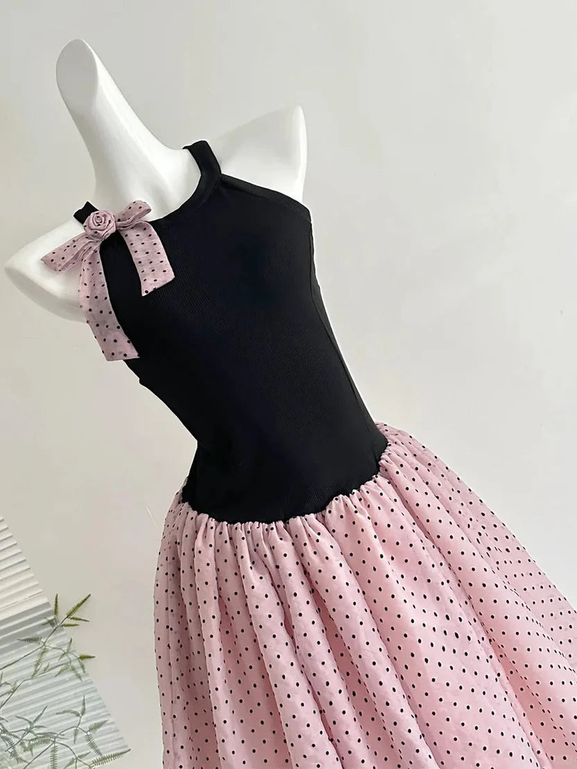 Playful A Line Halter Neck Keyhole Back Polka Dot Tulle Short Homecoming Dress with Bow Accent for Formal Events