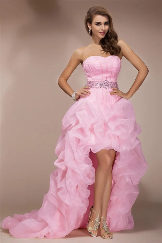 Playful High-Low Sweetheart Strapless Beaded Back Evening Dresses