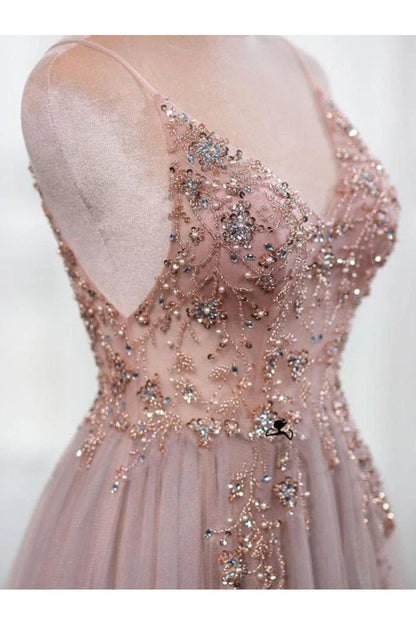 Hermosos vestidos de fiesta de tul con escote en V, tirantes finos y corte A de talla grande con cuentas 