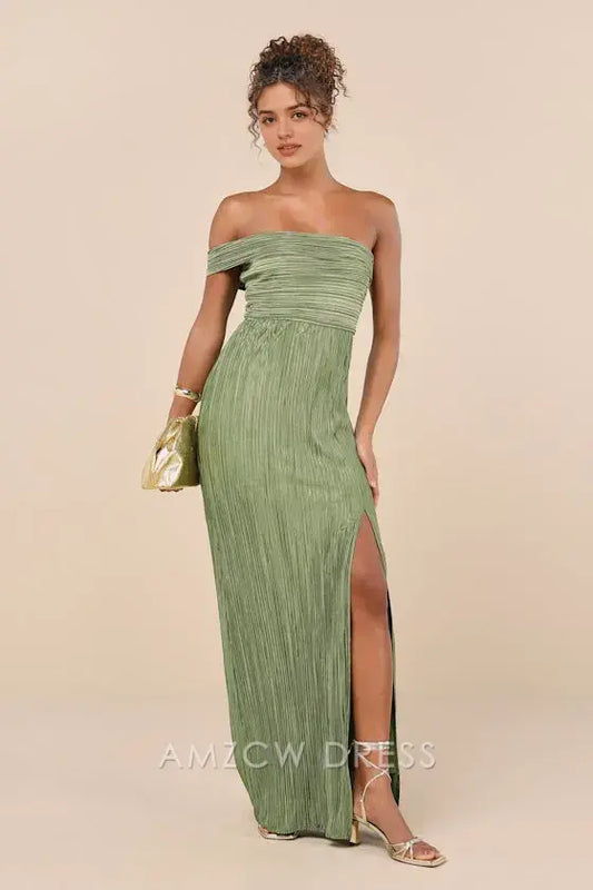 Vestido largo verde oliva plisado de un solo hombro, elegante y elegante, de Amzcw, para ocasiones formales