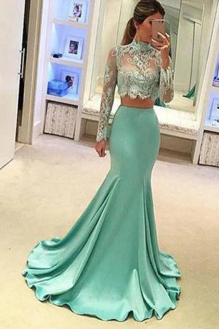 Bonito vestido de fiesta de dos piezas con cuello alto y manga larga de encaje, vestidos de fiesta de sirena sexys.
