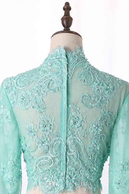 Bonito vestido de fiesta de dos piezas con cuello alto y manga larga de encaje, vestidos de fiesta de sirena sexys.