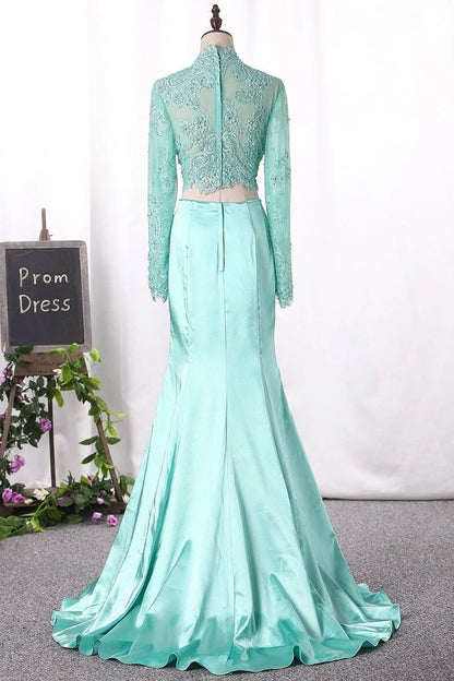 Bonito vestido de fiesta de dos piezas con cuello alto y manga larga de encaje, vestidos de fiesta de sirena sexys.