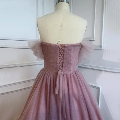 Vestido de princesa de tul rosa con hombros descubiertos, con cordones y lazo para la fiesta de bienvenida 