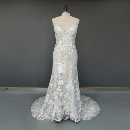Princess Mermaid V Neck Lace Appliques Ivory Wedding Dresses