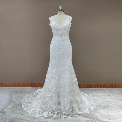 Princess Mermaid V Neck Lace Appliques Ivory Wedding Dresses