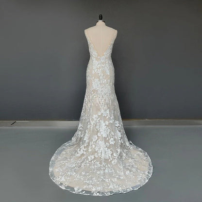 Princess Mermaid V Neck Lace Appliques Ivory Wedding Dresses