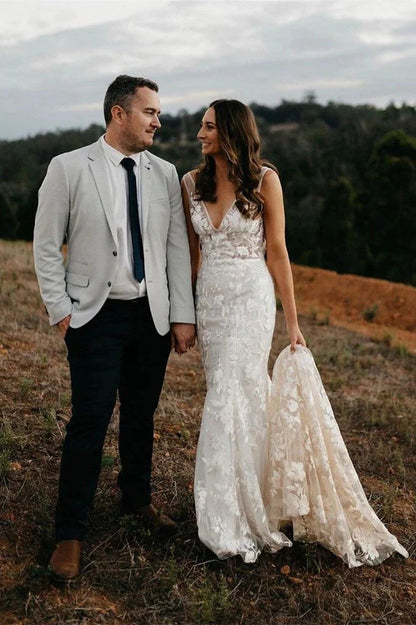 Princess Mermaid V Neck Lace Appliques Ivory Wedding Dresses