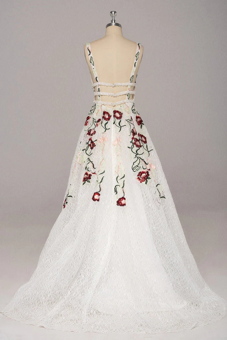 Princess Straps V Neck Lace Prom Dresses With Floral, Backless Long Evening Dresses