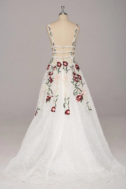 Princess Straps V Neck Lace Prom Dresses With Floral, Backless Long Evening Dresses