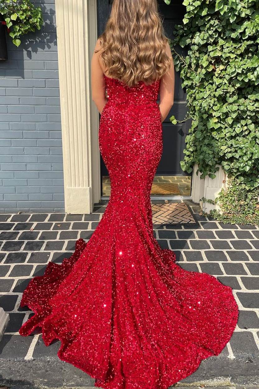 Vestidos de fiesta sirena lentejuelas sin tirantes cola larga 