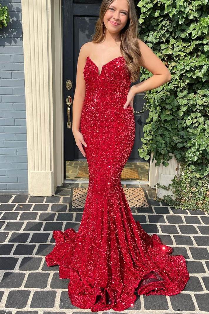 Vestidos de fiesta sirena lentejuelas sin tirantes cola larga 