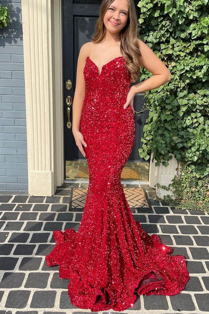 Vestidos de fiesta sirena lentejuelas sin tirantes cola larga 