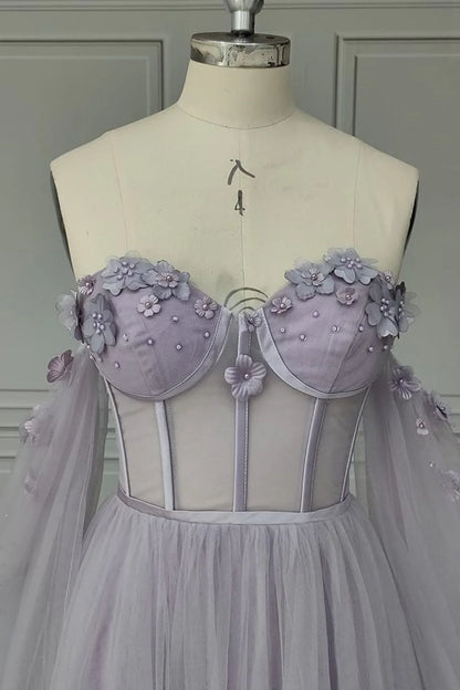 Vestidos de fiesta de tul con escote corazón y flores hechas a mano con cordones 