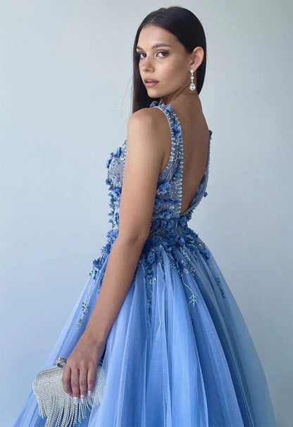 Vestidos de fiesta con escote en V, tul con cuentas, corte A