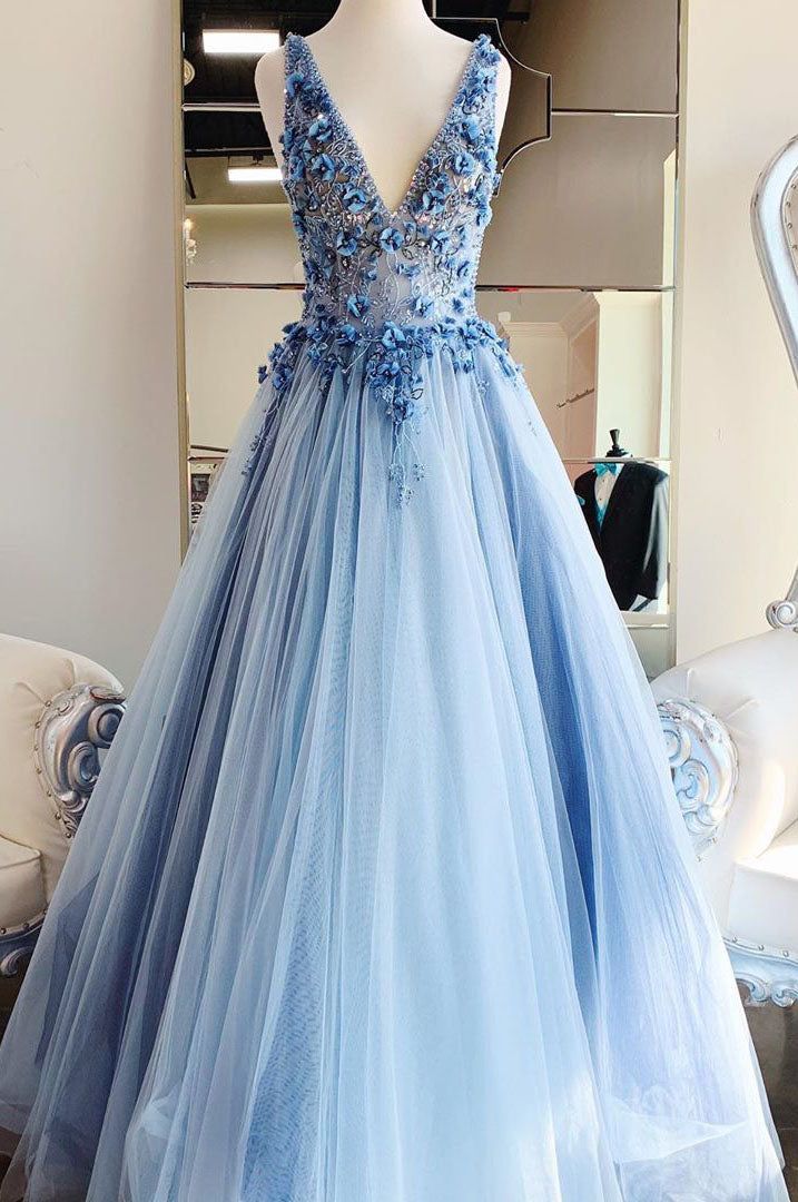 Vestidos de fiesta con escote en V, tul con cuentas, corte A