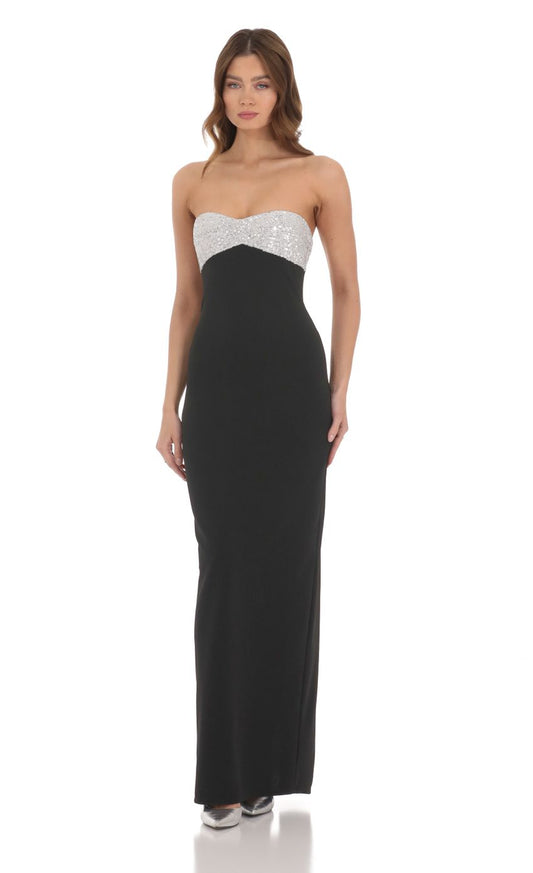 Prom Dress Black Strapless Maxi Dress With Sequin Sweetheart Neckline High Slit Formal Evening Party Gown