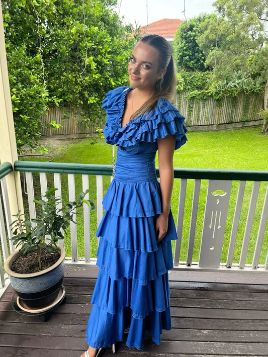Prom Dress Blue V Neck Tiered Ruffle Maxi Dress With Ruffled Cap Sleeves And Ruched Bodice For Formal Evening Party And Homecoming Events