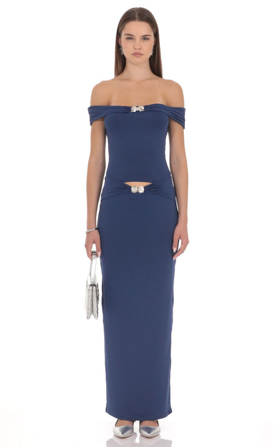 Prom Dress Navy Blue Off Shoulder Maxi Dress With Cutout Waist Crystal Bow Detail Formal Evening Party Gown