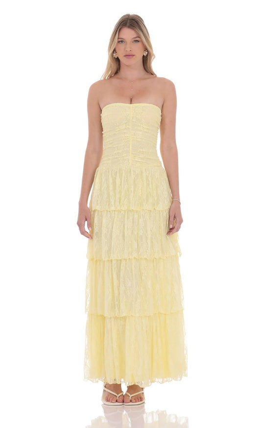 Prom Dress Pale Yellow Strapless Tiered Lace Maxi Dress With Sweetheart Neckline Formal Evening Party Gown