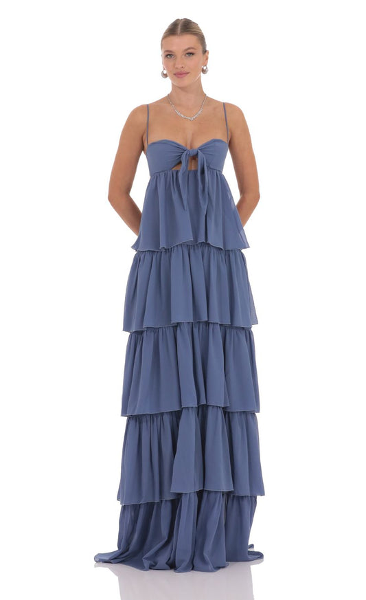 Prom Dress Slate Blue Spaghetti Strap Tiered Chiffon Maxi Dress With Bow Detail Open Back Formal Evening Party Gown