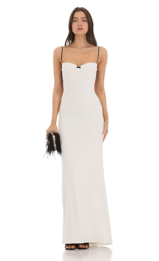 Prom Dress White Spaghetti Strap Maxi Dress With Black Bow Detail Mesh Back Formal Evening Party Gown