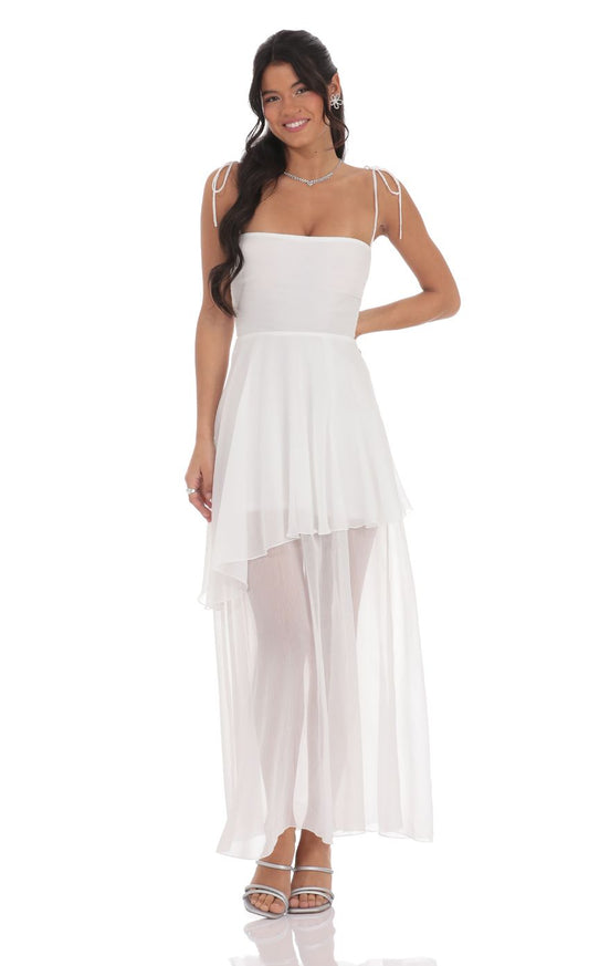 Prom Dress White Spaghetti Strap Maxi Dress With Tiered Chiffon Skirt Tie Shoulder Detail Formal Evening Party Gown