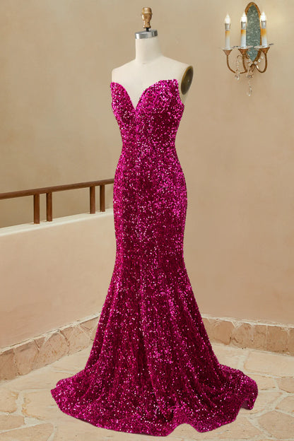 Vestidos de fiesta sirena lentejuelas sin tirantes cola larga 