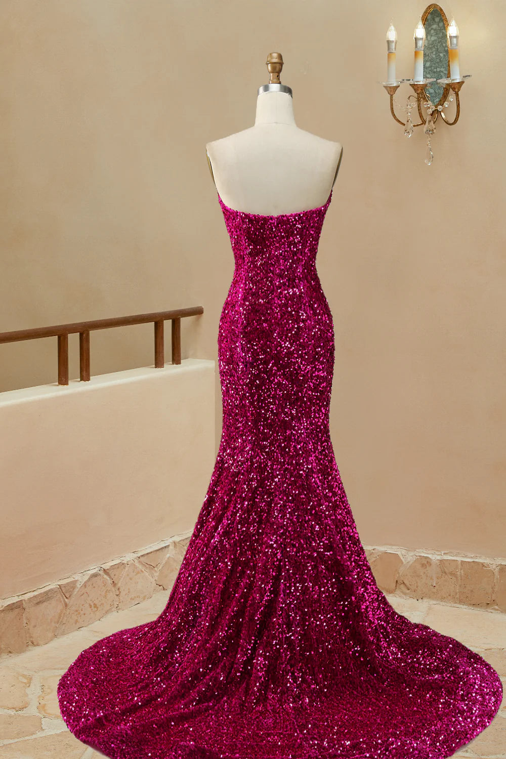 Vestidos de fiesta sirena lentejuelas sin tirantes cola larga 