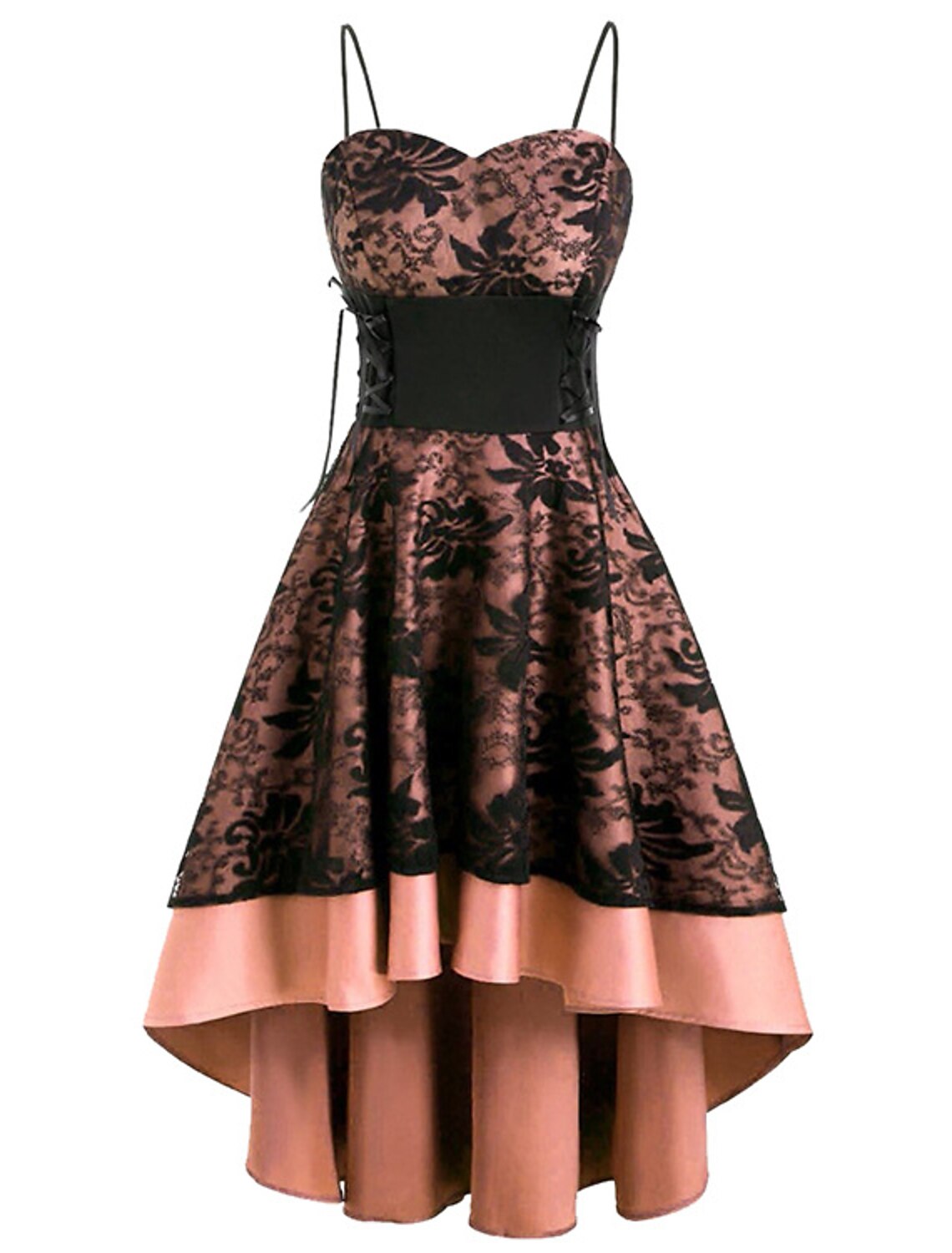 Side view of the black Gothic Lolita dress, highlighting its layered lace skirt.