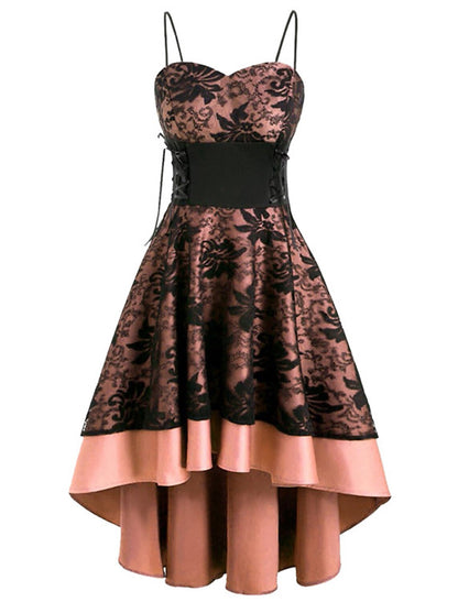 Side view of the black Gothic Lolita dress, highlighting its layered lace skirt.