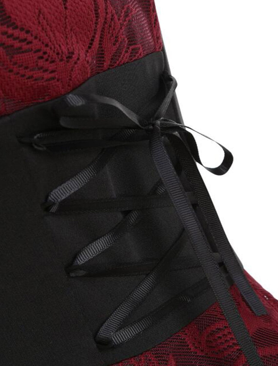 Close-up of the sweetheart neckline and intricate lace on the black Gothic Lolita dress.