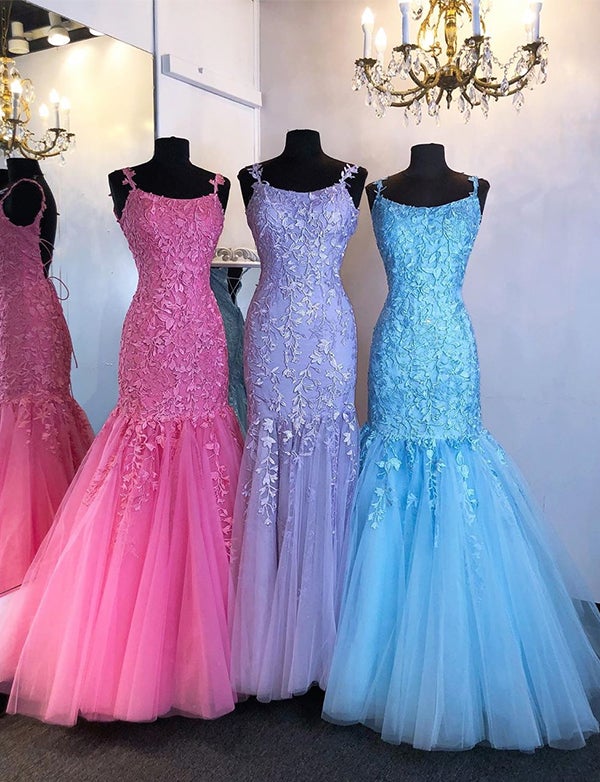 Vestidos de fiesta de sirena con tirantes finos, tul y escote redondo con apliques 