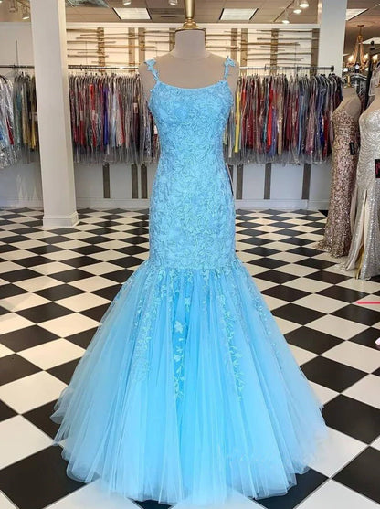Vestidos de fiesta de sirena con tirantes finos, tul y escote redondo con apliques 