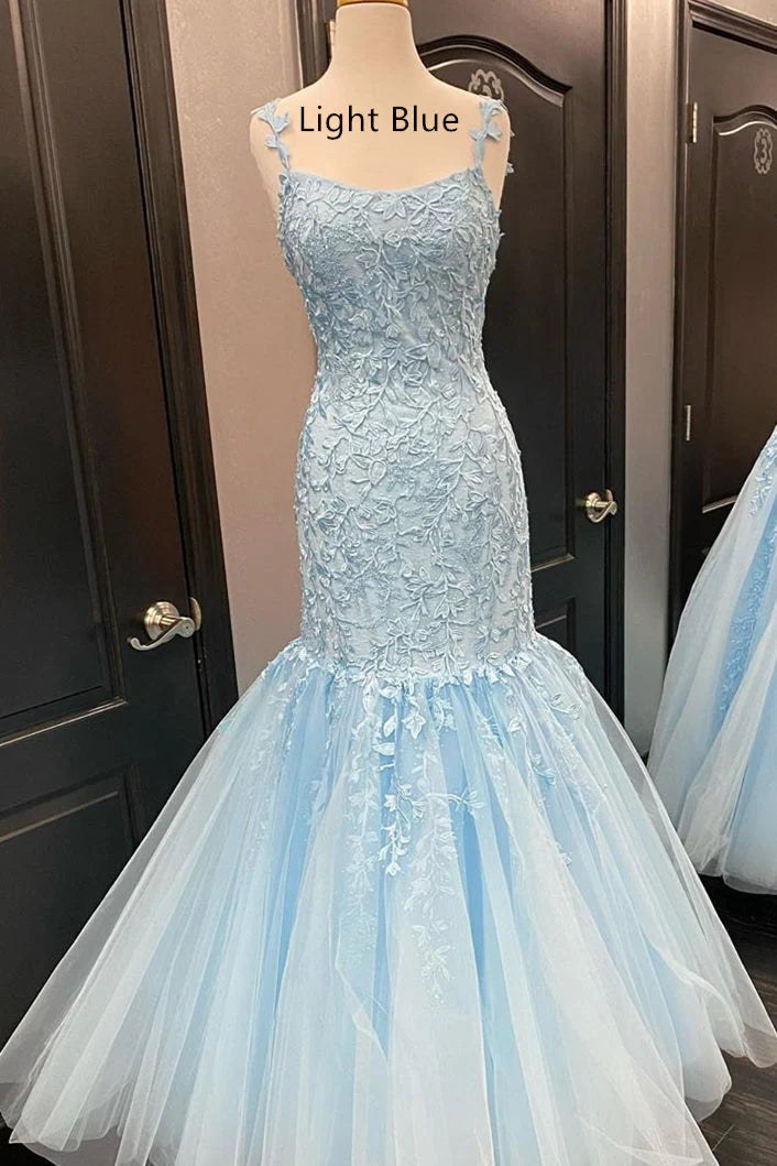 Vestidos de fiesta de sirena con tirantes finos, tul y escote redondo con apliques 