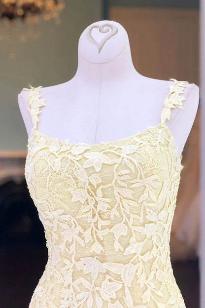 Vestidos de fiesta de sirena con tirantes finos, tul y escote redondo con apliques 
