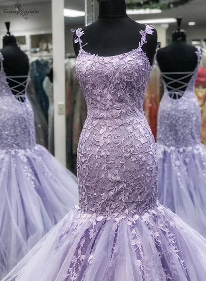 Vestidos de fiesta de sirena con tirantes finos, tul y escote redondo con apliques 