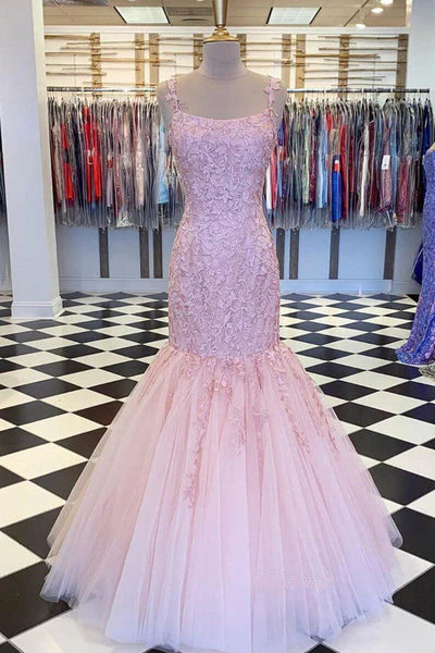 Vestidos de fiesta de sirena con tirantes finos, tul y escote redondo con apliques 
