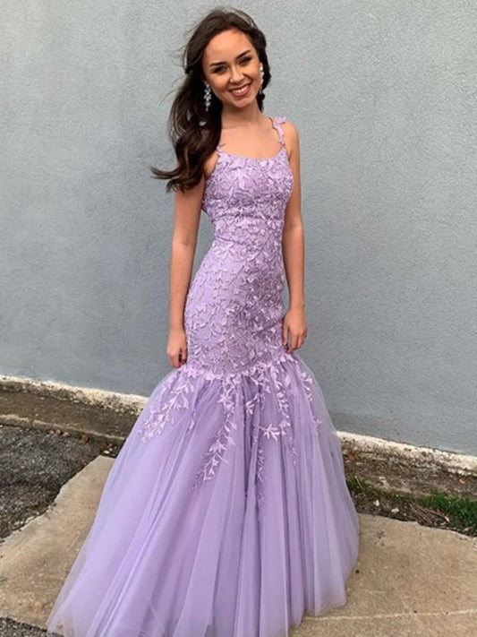 Vestidos de fiesta de sirena con tirantes finos, tul y escote redondo con apliques 