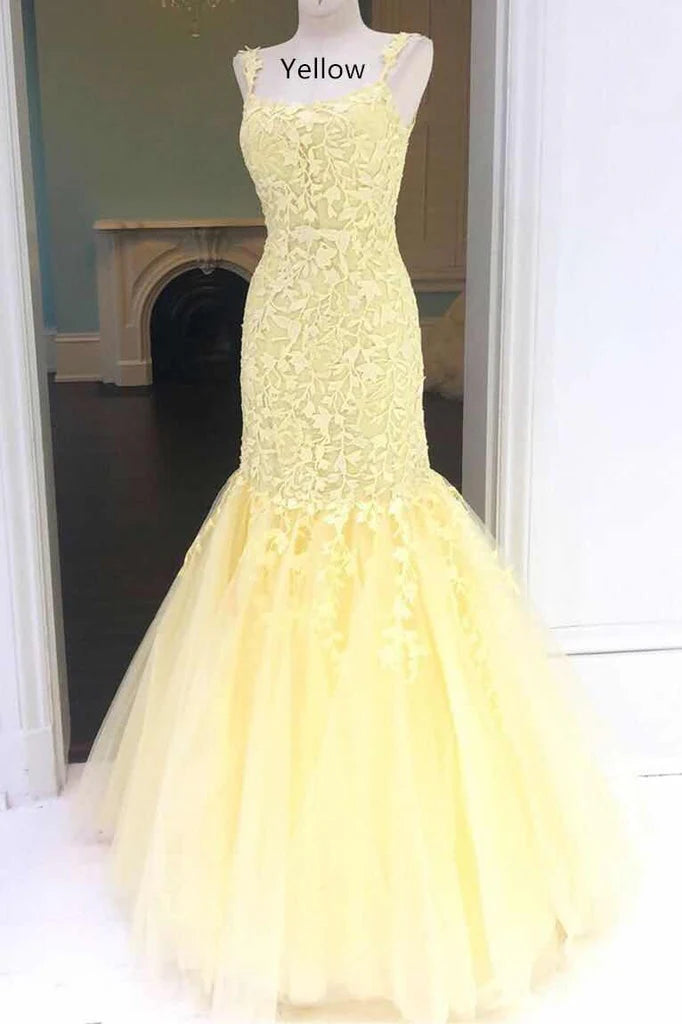 Vestidos de fiesta de sirena con tirantes finos, tul y escote redondo con apliques 