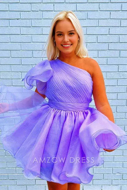 Amzcw Elegant Purple A-line One shoulder Tulle Ruffle Homecoming Dress formal wear dresses